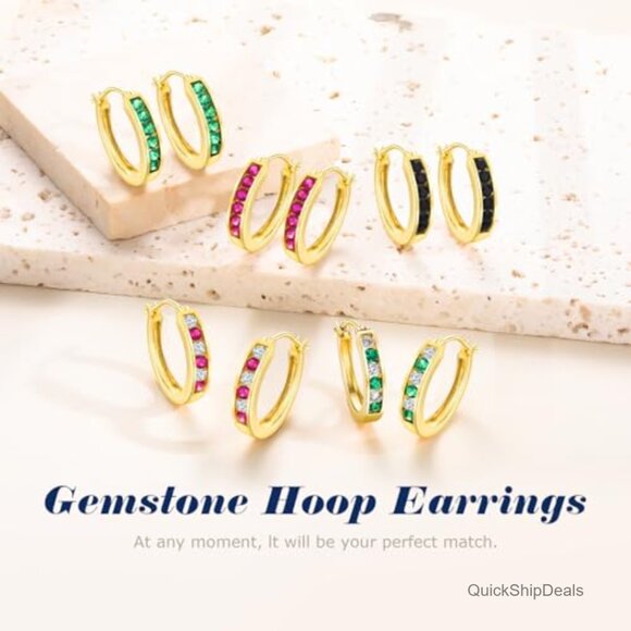 Sterling Silver or 14K Gold Plated Chunky Hoop Earrings with CZ Stones - Picture 4 of 7